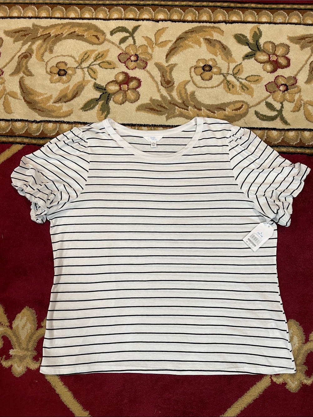 Time and Tru White Tee with Black Stripes and Ruffled Short Sleeves